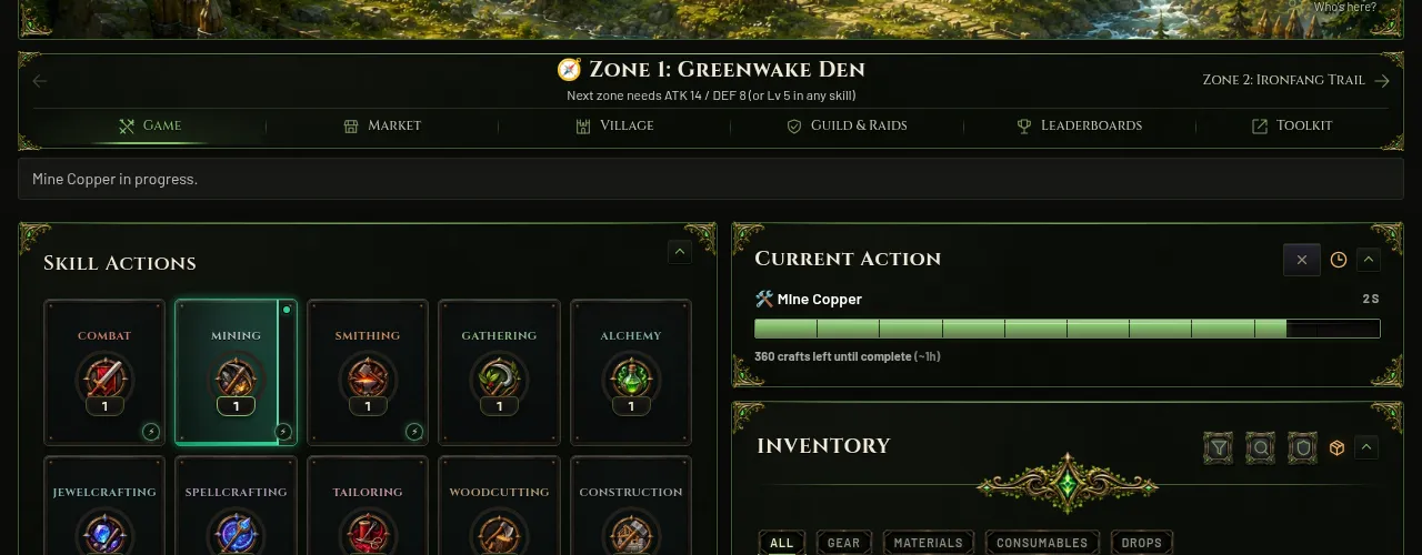 IdleWorlds skills screen: Mining running on its own, with ten skills to train