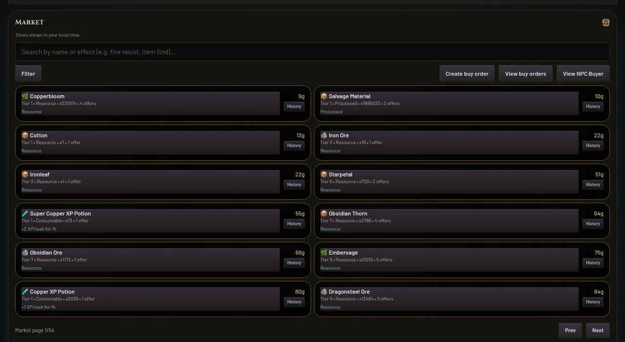 IdleWorlds player market with listings, buy orders and price history